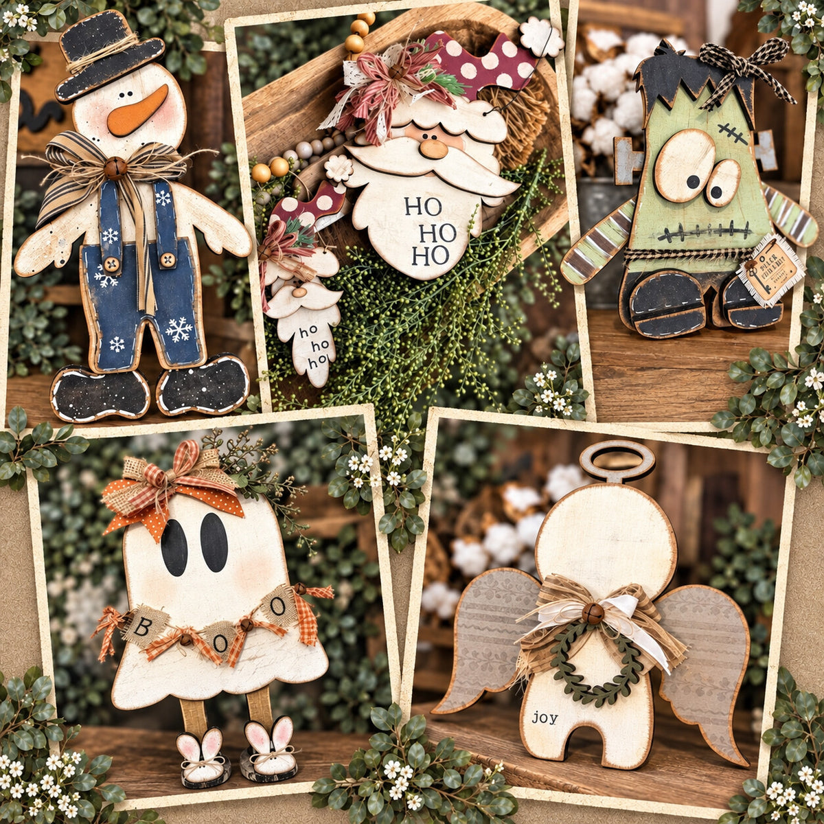 Collage of rustic handmade Tattered Vault designs for Christmas, winter, Halloween, and everyday crafting