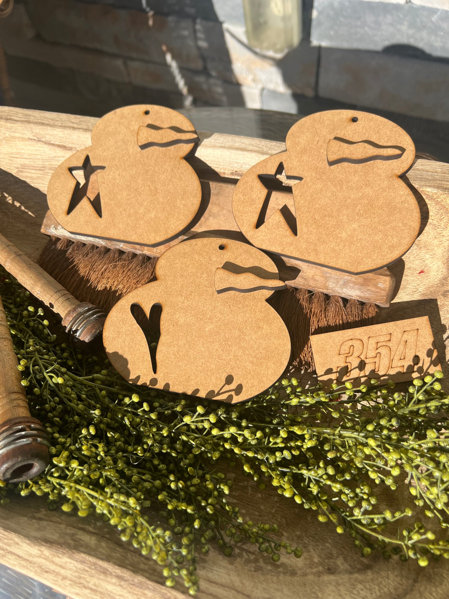 Rustic Chubby Snowman Heart/Star Cutout Ornament Set (set of 3) #354