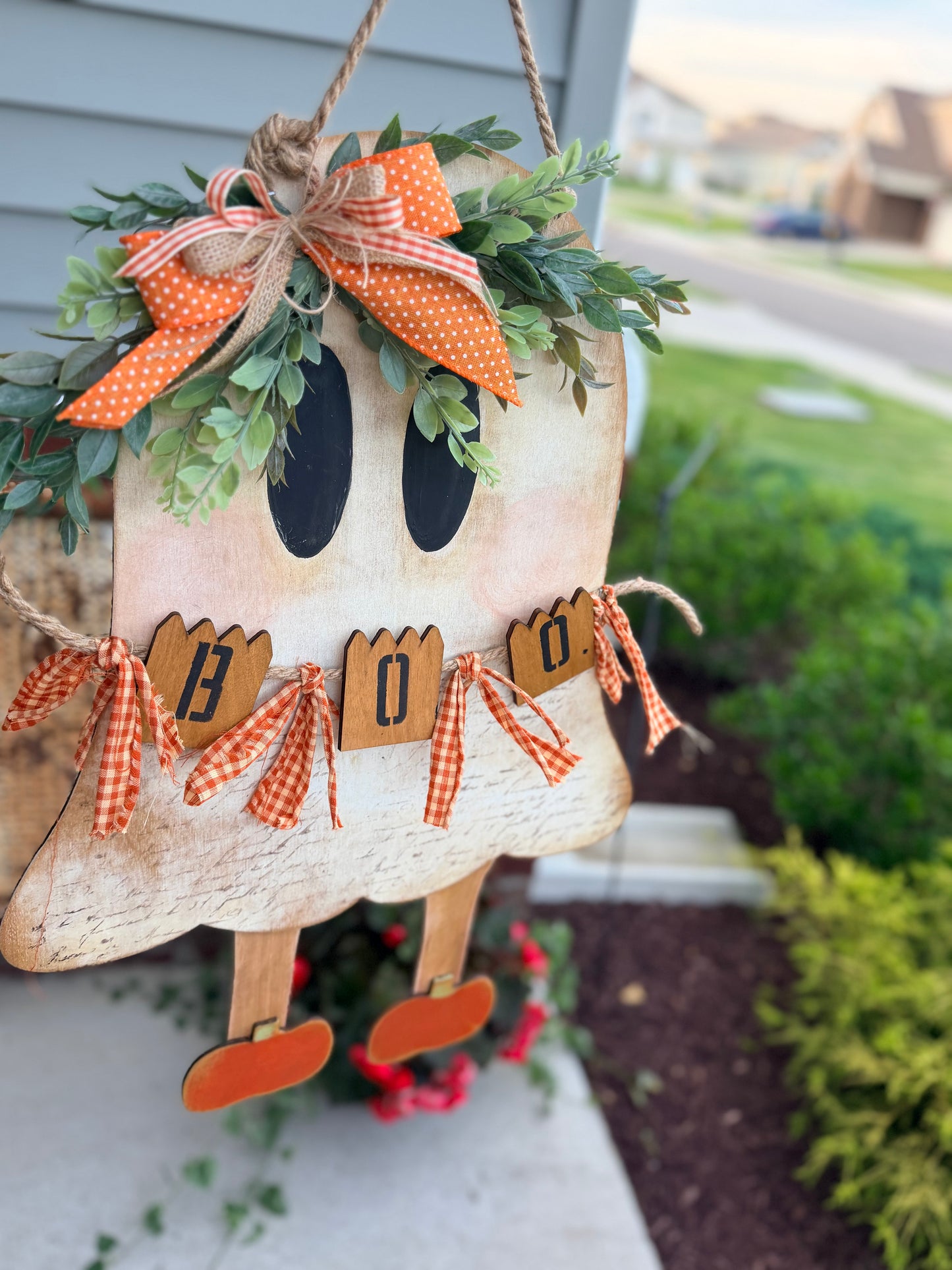 UNFINISHED DOOR HANGER DIY KIT- Wonky Whimsical Ghost Character with Pumpkin Slippers 641