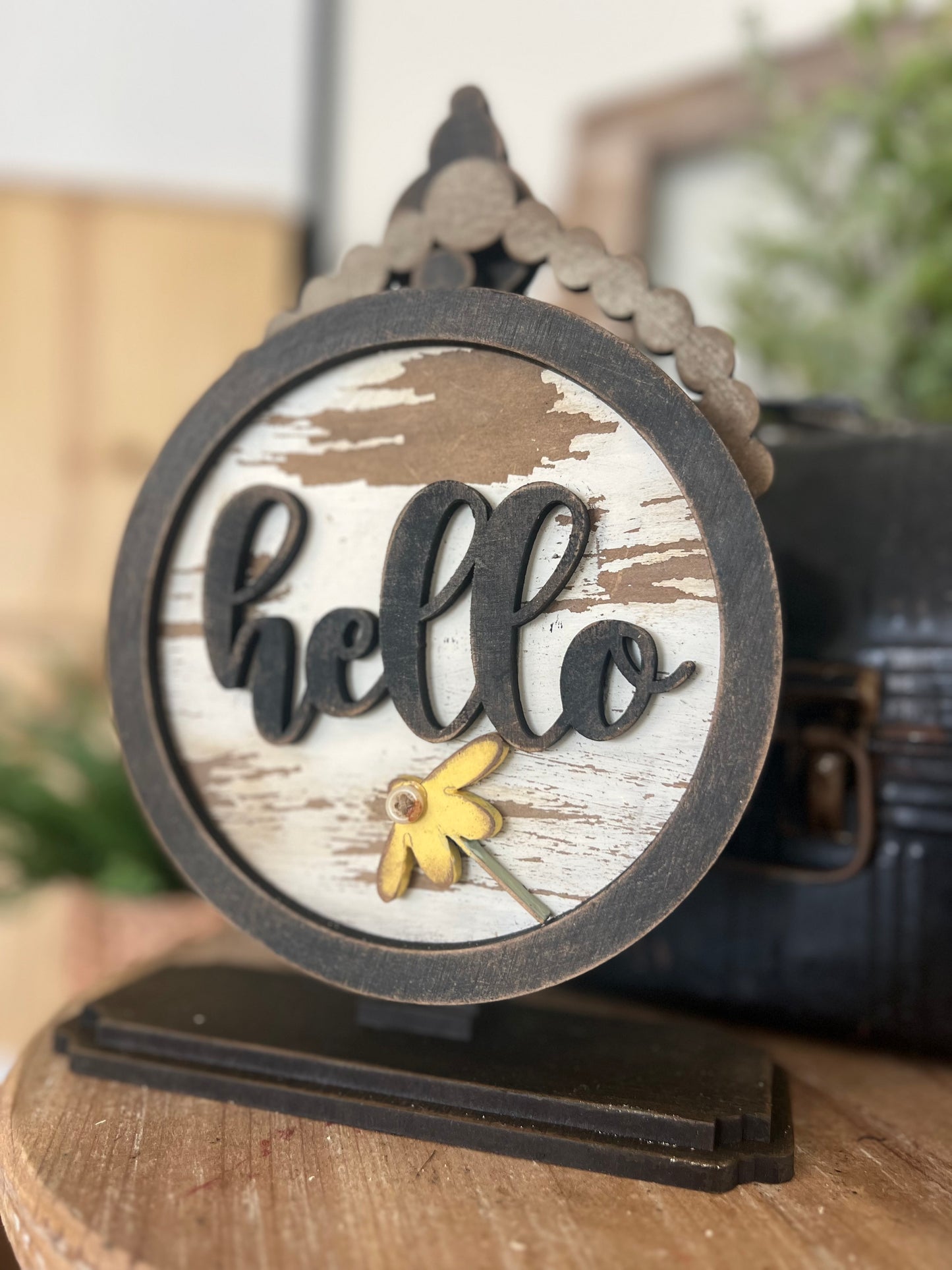 Hello with Flower- A Interchangeable Insert ONLY-(Tabletop Spindle Frame)