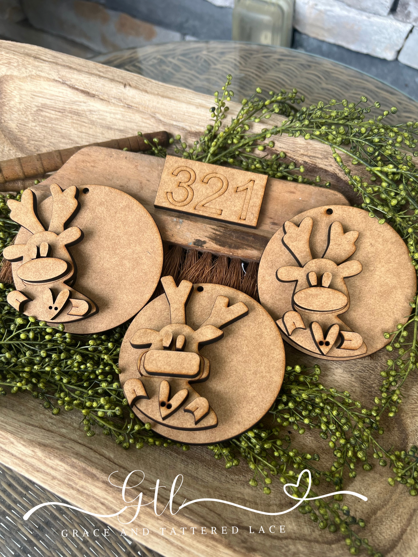 Rustic Wonky Reindeer Ornament Set (3 pc) #321