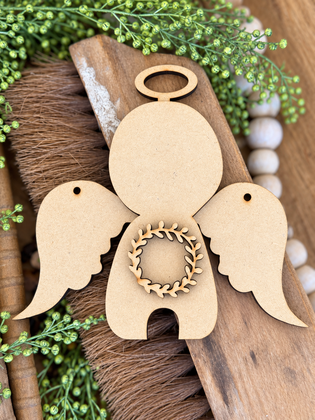 Unfinished wood pieces for Wonky Whimsical Angel Character Ornament 737; professional product photo