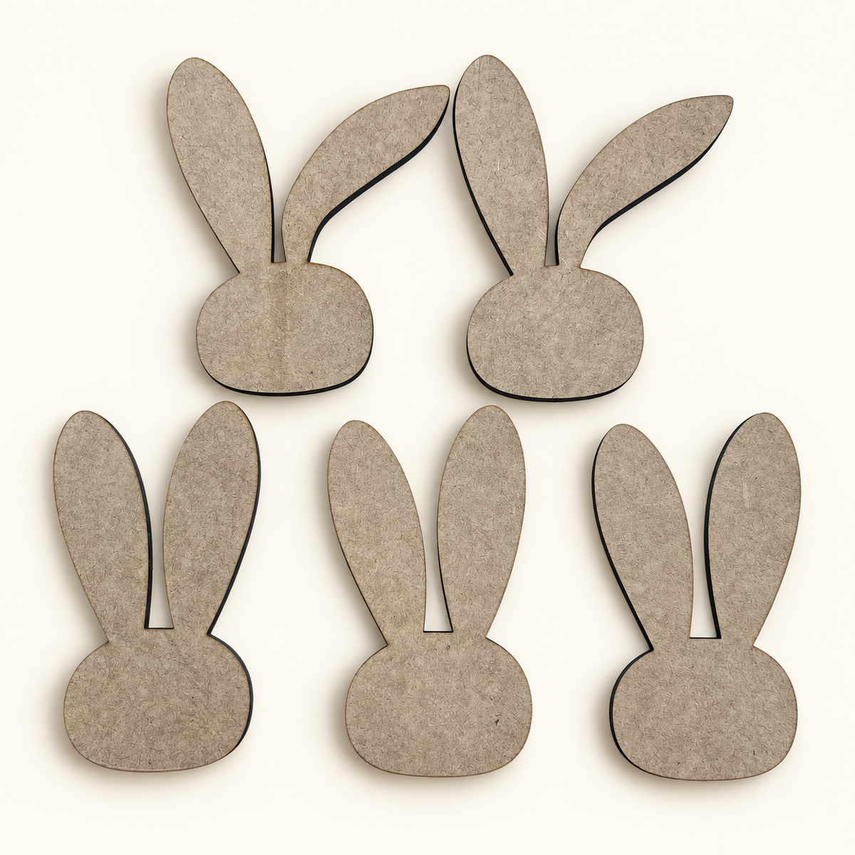 Unfinished MDF Bunny Head (5 pack) wood cutouts, two with a folded ear and three with upright ears