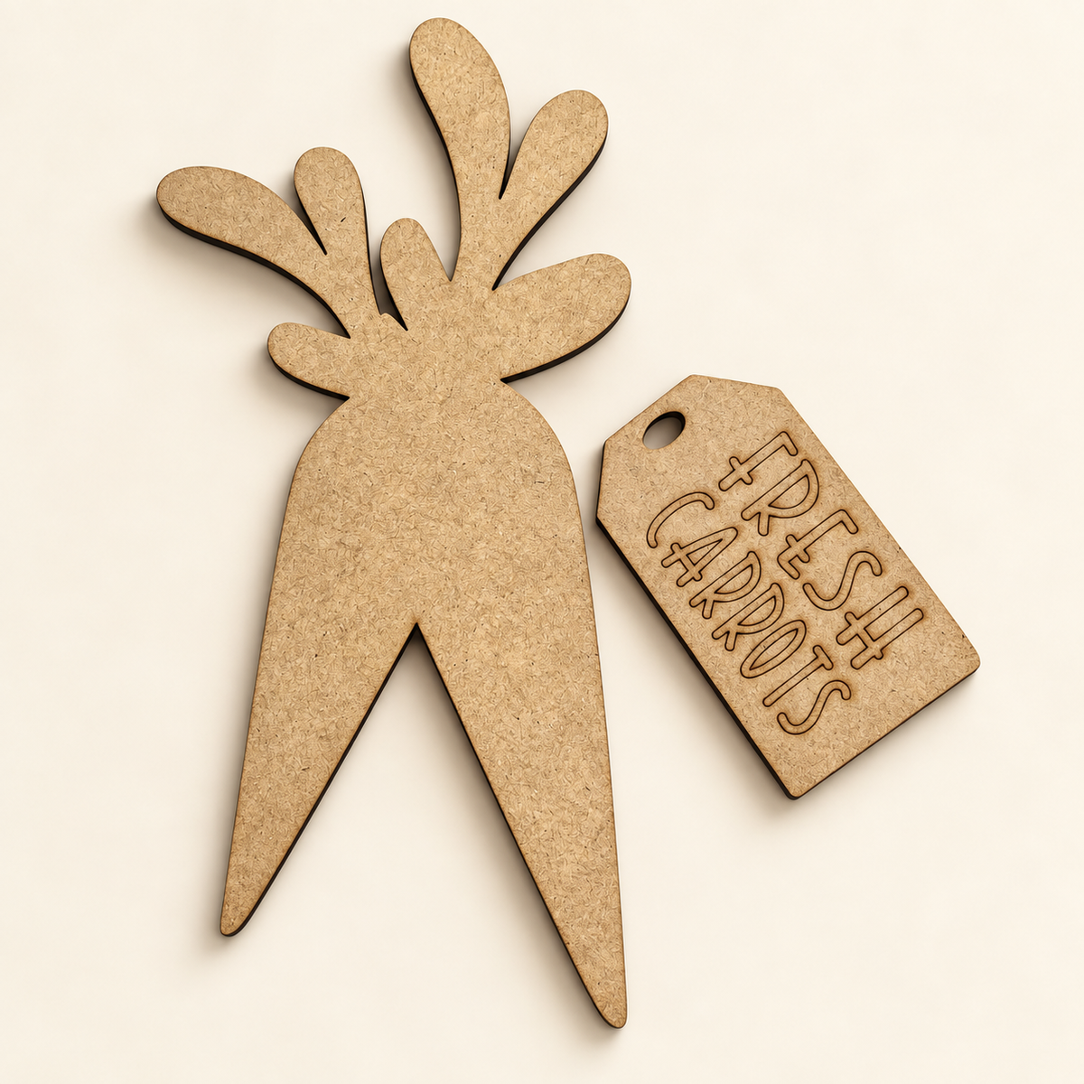 Unfinished MDF Carrot Insert and Fresh Carrot Tag with engraved FRESH CARROTS lettering