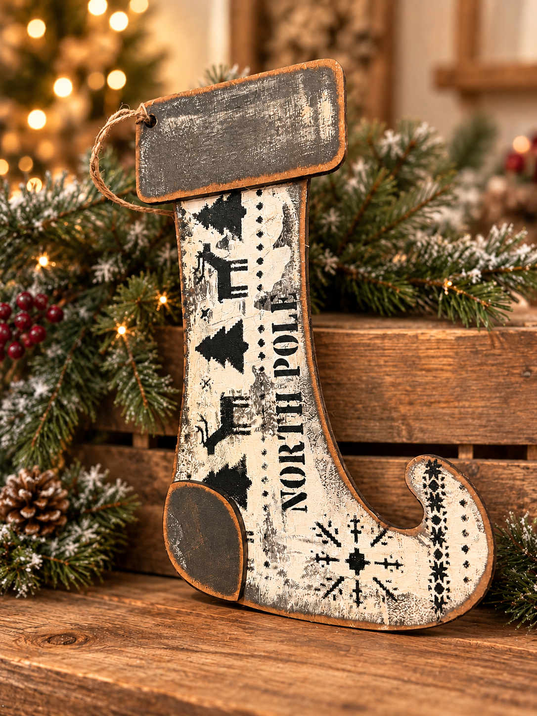 Simple rustic vintage North Pole wooden stocking