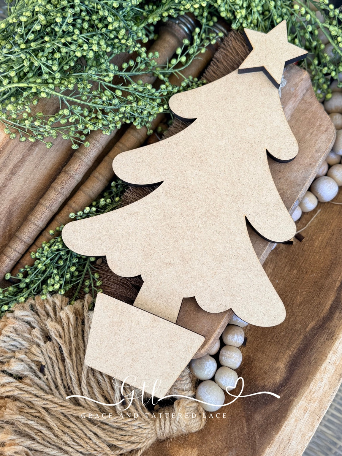 Unfinished retro vintage scalloped Christmas tree in a pot ornament wood kit