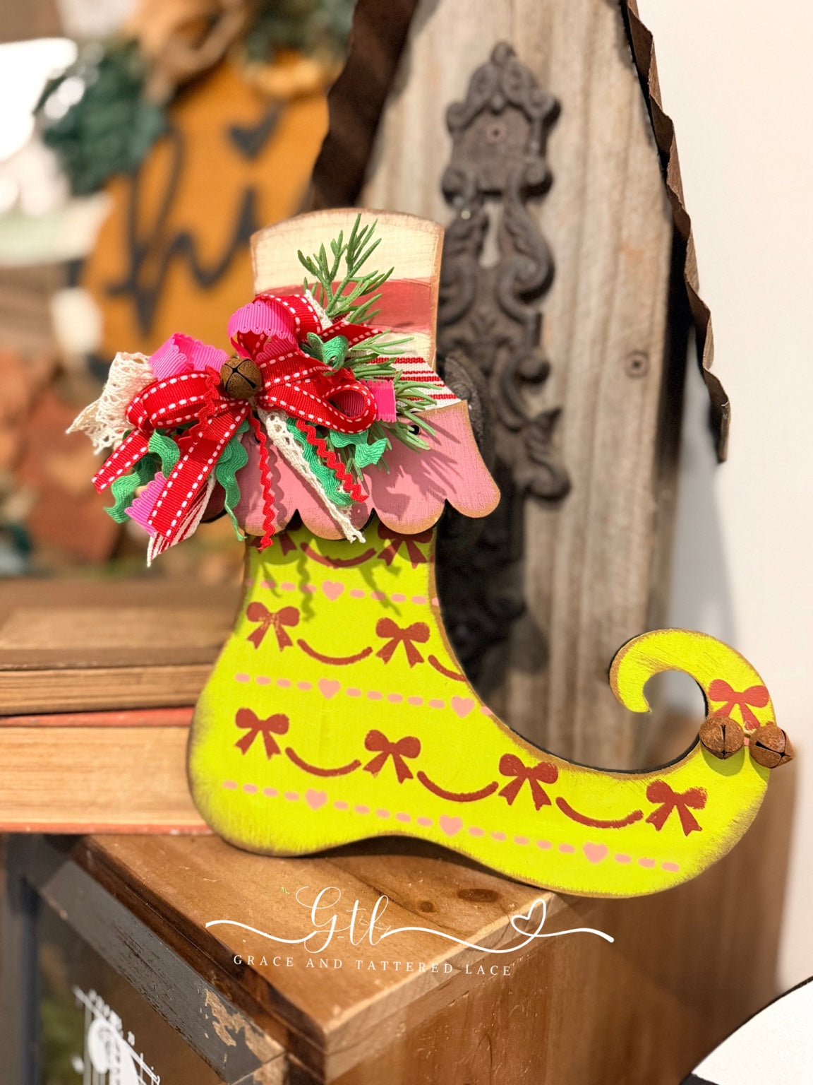 Decorated larger Wonky Elf Boot shown as painting inspiration for the unfinished ornament kit 800