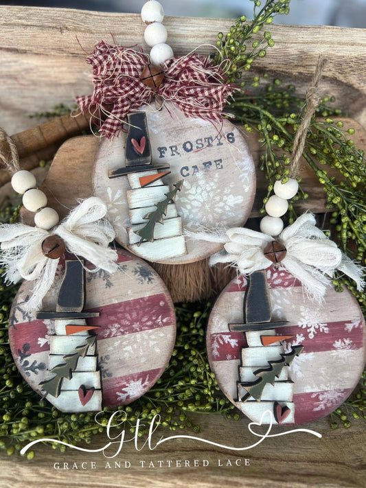 Painted example of Rustic Chunky Scrap Wood Snowman Ornament Set #322 (kit ships unpainted)