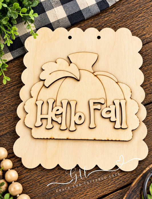 Wonky Scalloped Hello Fall Pumpkin DOOR HANGER DIY Wood Kit  764