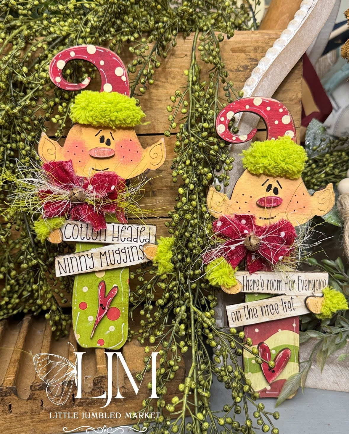 Wonky Holiday Elf Ornament (2 pack-small) #306