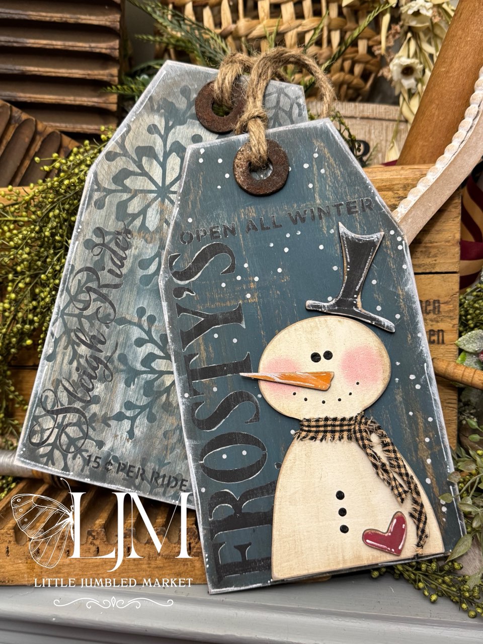 Tattered and Jumbled Rustic Snowman Tags #266 LARGE 6.1” x 10.5”