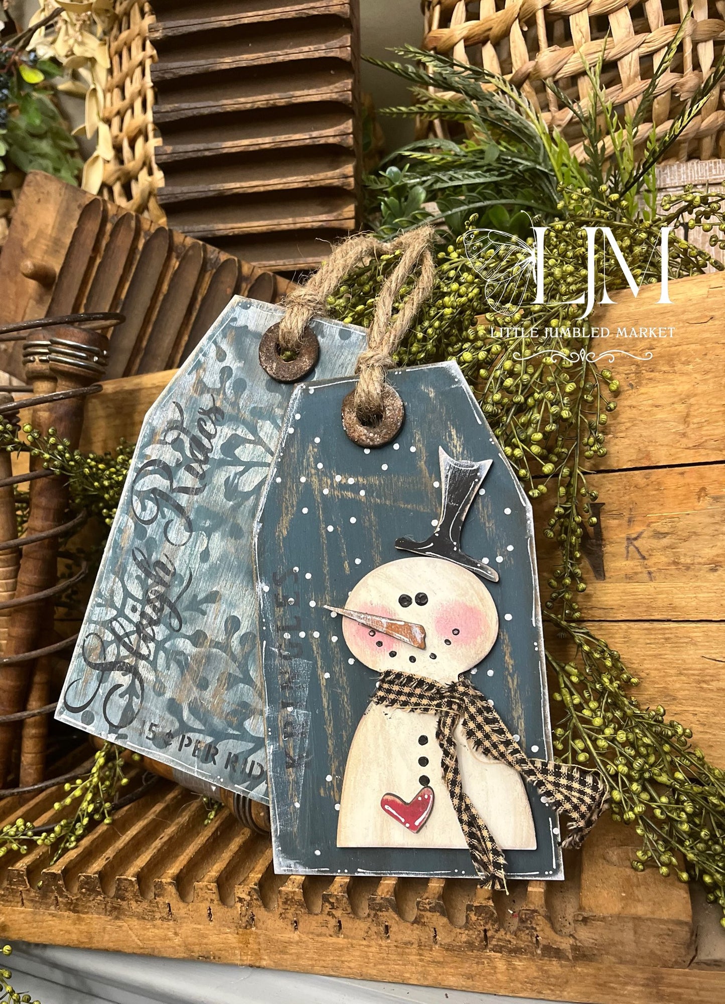 Tattered and Jumbled Rustic Snowman Tags #258 SMALL (4.5” x 7.9”)