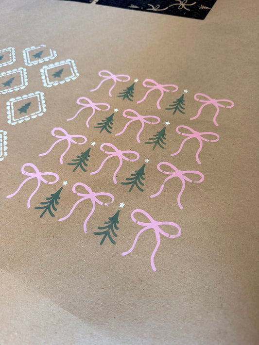 Whimsical Bows and Little Pines stencil painted sample