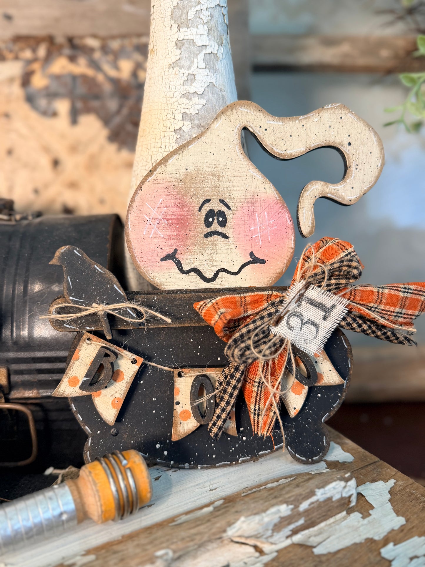 Wonky Whimsical Boo Ghost in Cauldron 657