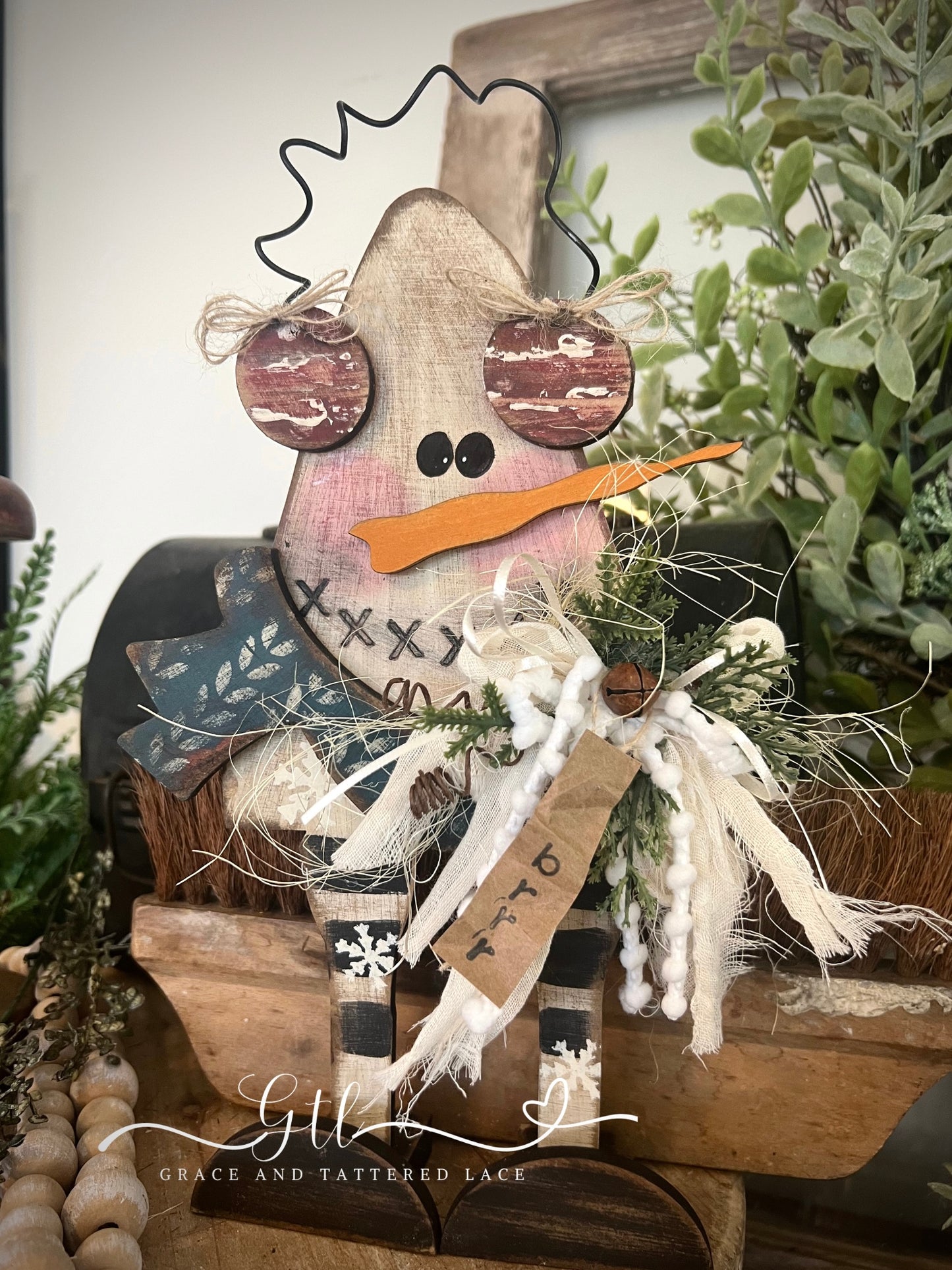 Wonky Rustic Triangle Snowman with Ear Muffs Character 295