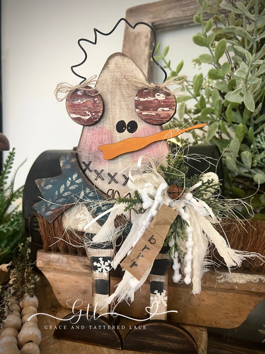 Wonky Rustic Triangle Snowman with Ear Muffs Character 295