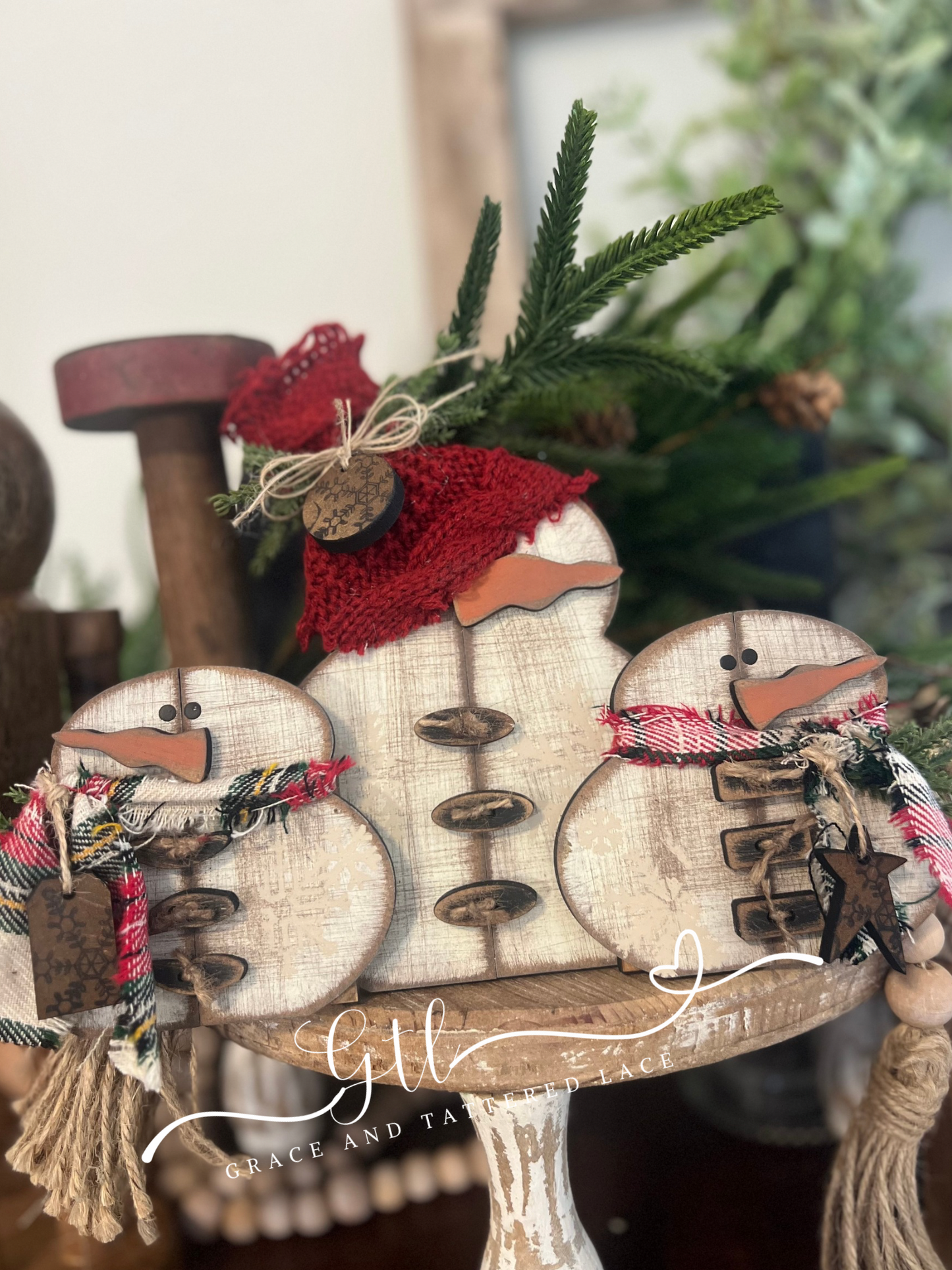 Rustic Faux Scrap Wood Snowman Trio Shelf Sitter #369