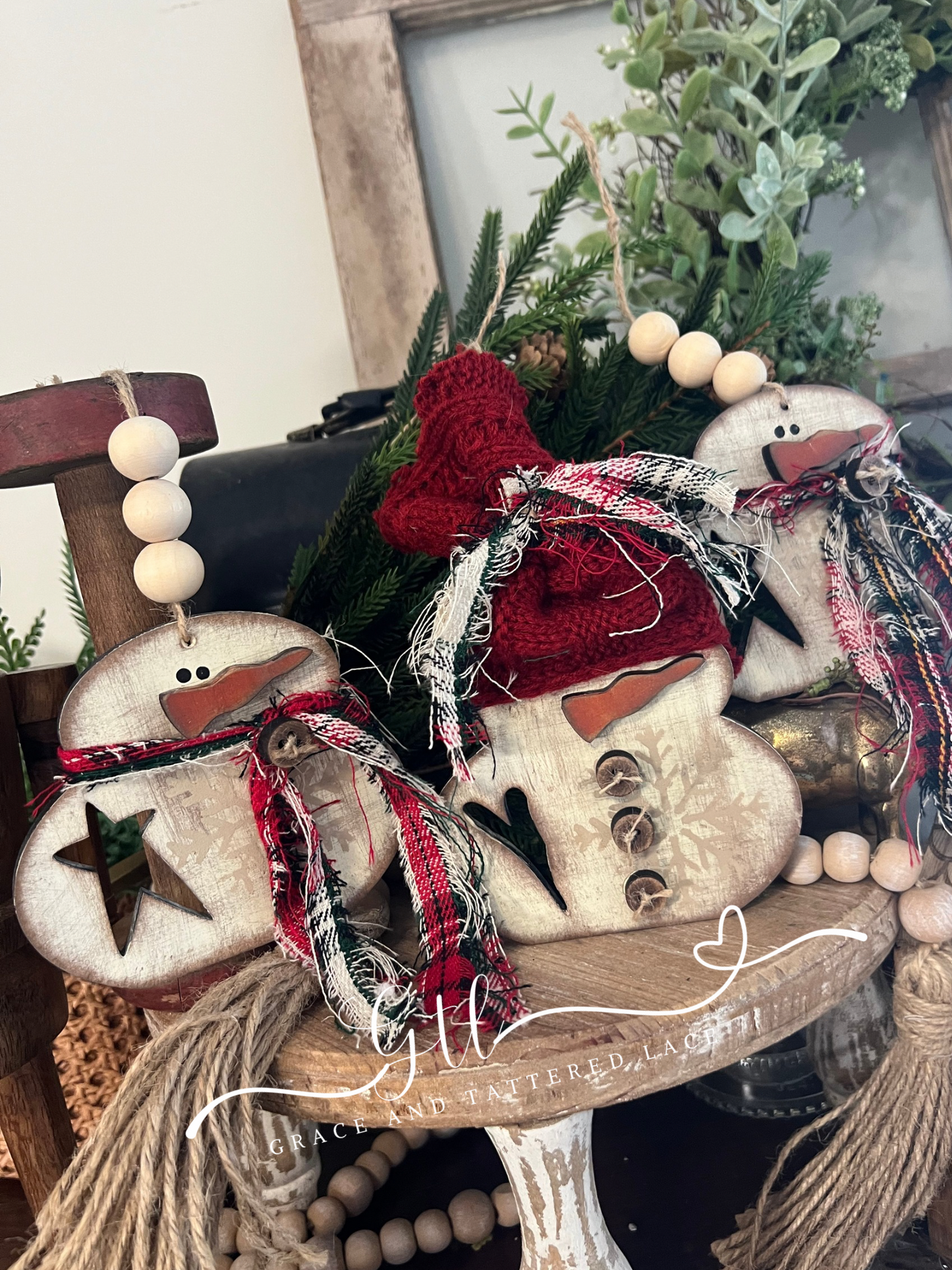 Rustic Chubby Snowman Heart/Star Cutout Ornament Set (set of 3) #354
