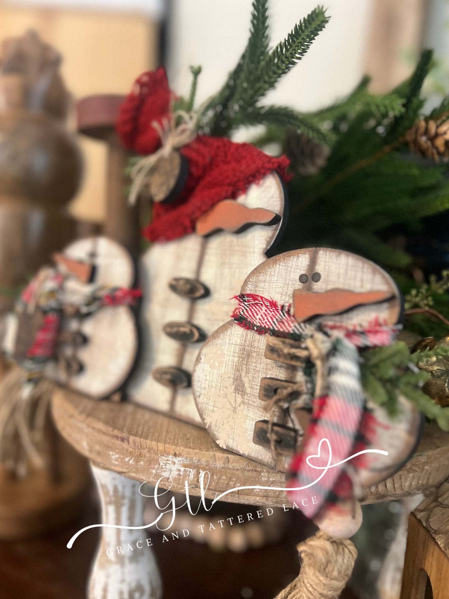 Rustic Faux Scrap Wood Snowman Trio Shelf Sitter #369