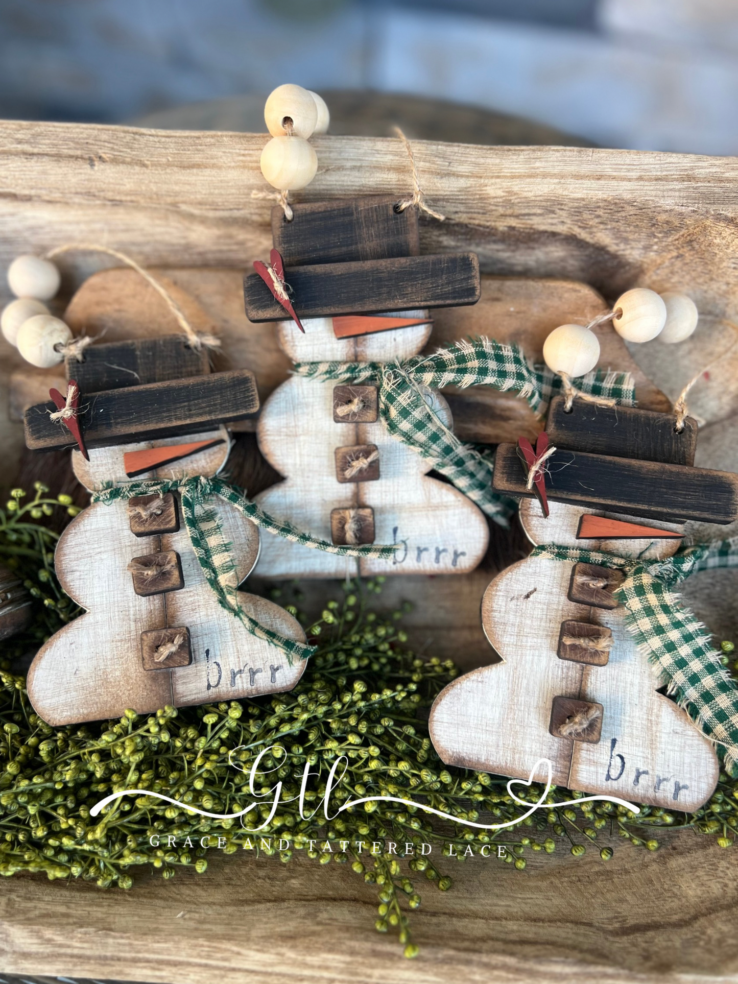 Rustic Faux Scrap Wood Snowman Ornament set (set of 3)  #351