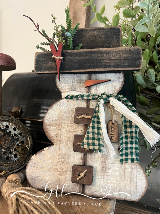Rustic Faux Scrap Wood Snowman Shelf Sitter #352