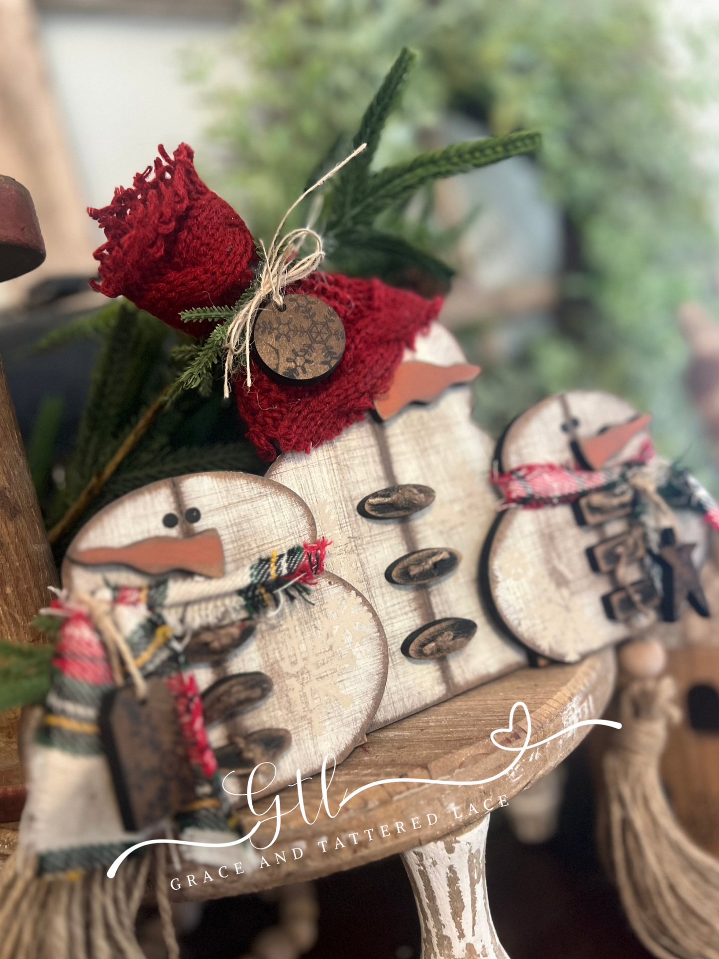 Rustic Faux Scrap Wood Snowman Trio Shelf Sitter #369