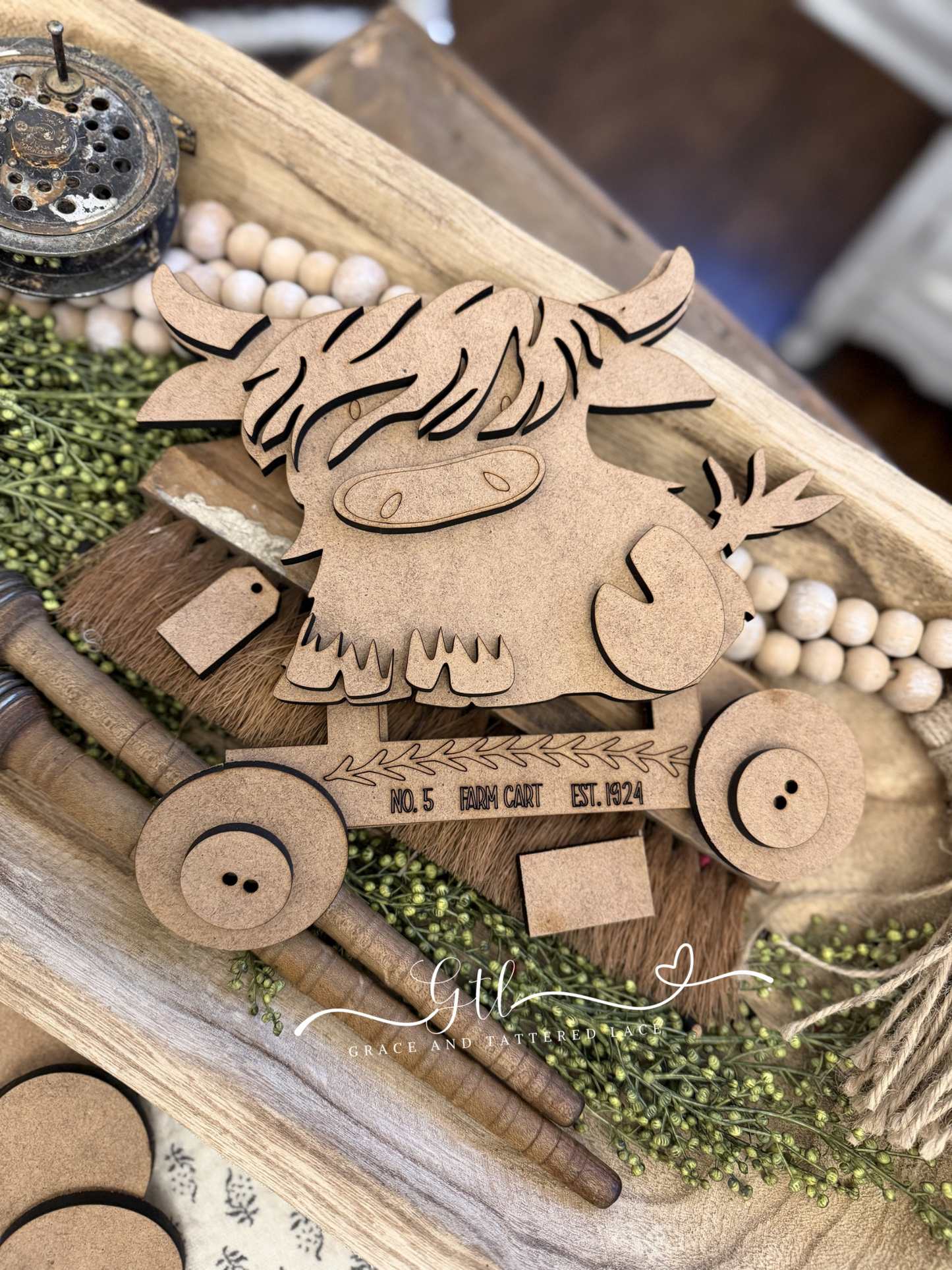 Wonky Highland Cow Pull Toy Cart Interchangeable #538