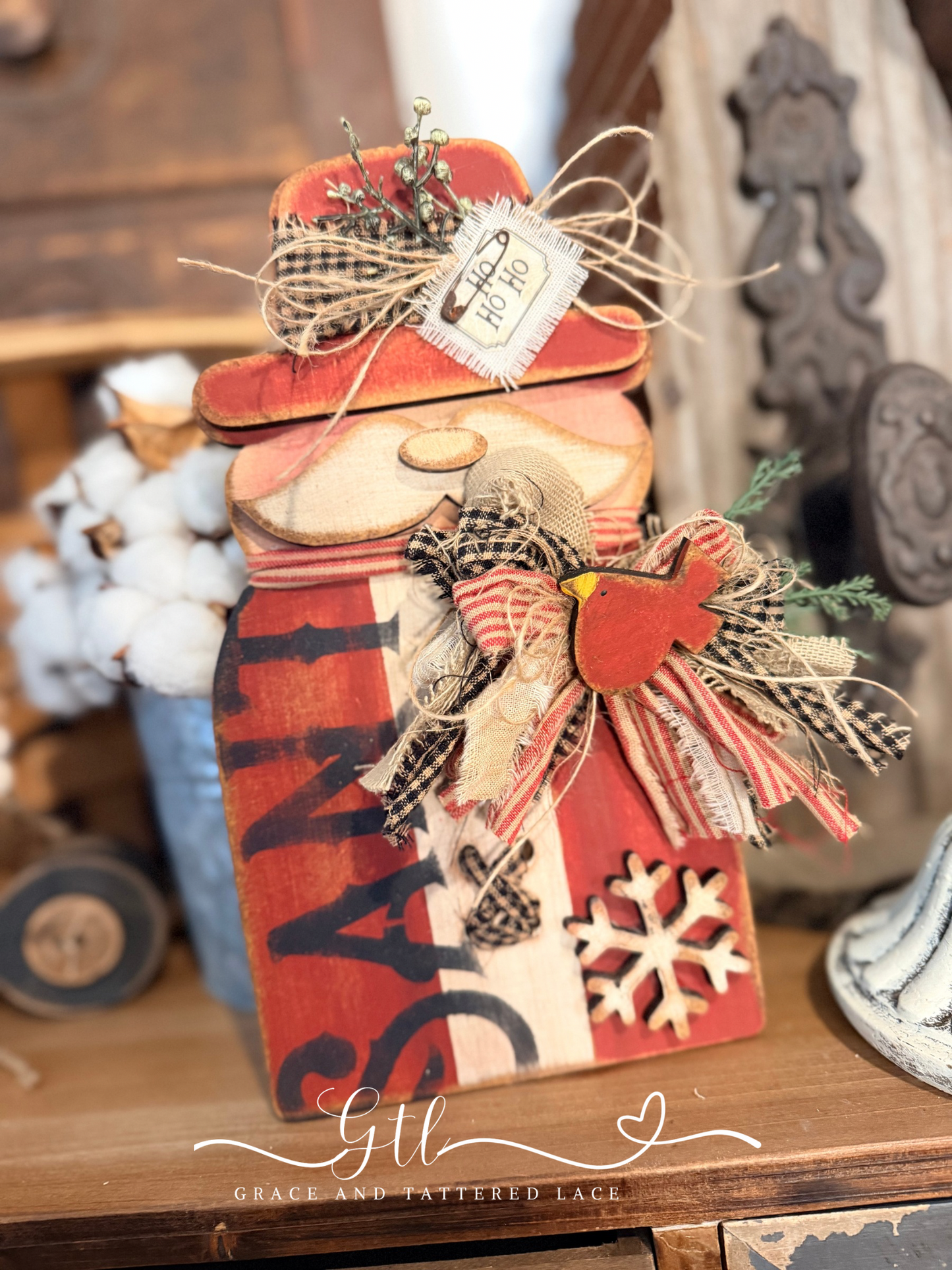 Wonky Stitched Vintage Snowman_Santa with Mustache 711