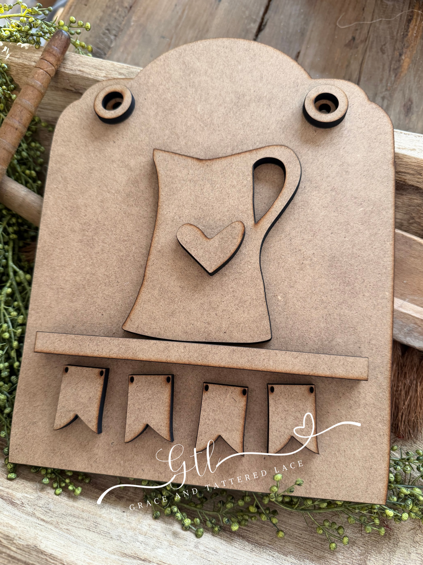 Rustic Pitcher Shelf Board with Hanging Pennants-DIY Kit #410
