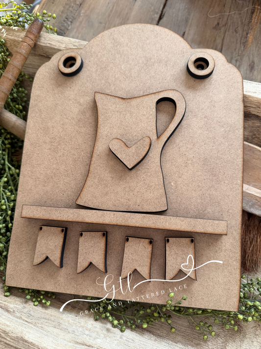 Rustic Pitcher Shelf Board with Hanging Pennants-DIY Kit #410