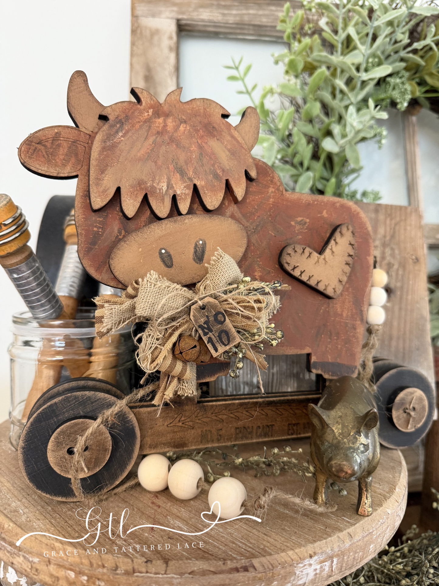Wonky Prim Highland Cow Pull Toy Cart Interchangeable #546