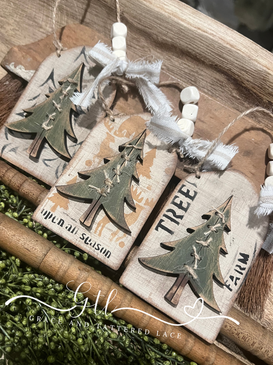 Rustic Faux Scrap Wood Tree Ornament Set (set of 3) #357