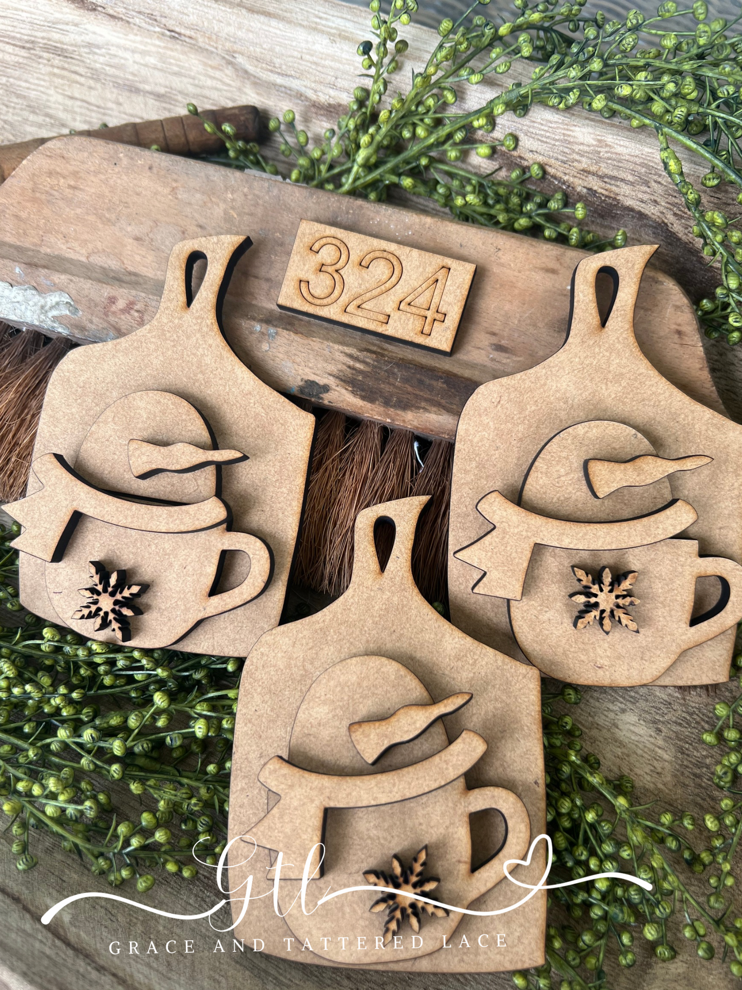 Rustic Snowman in a mug Ornament Set (3 pc) #324