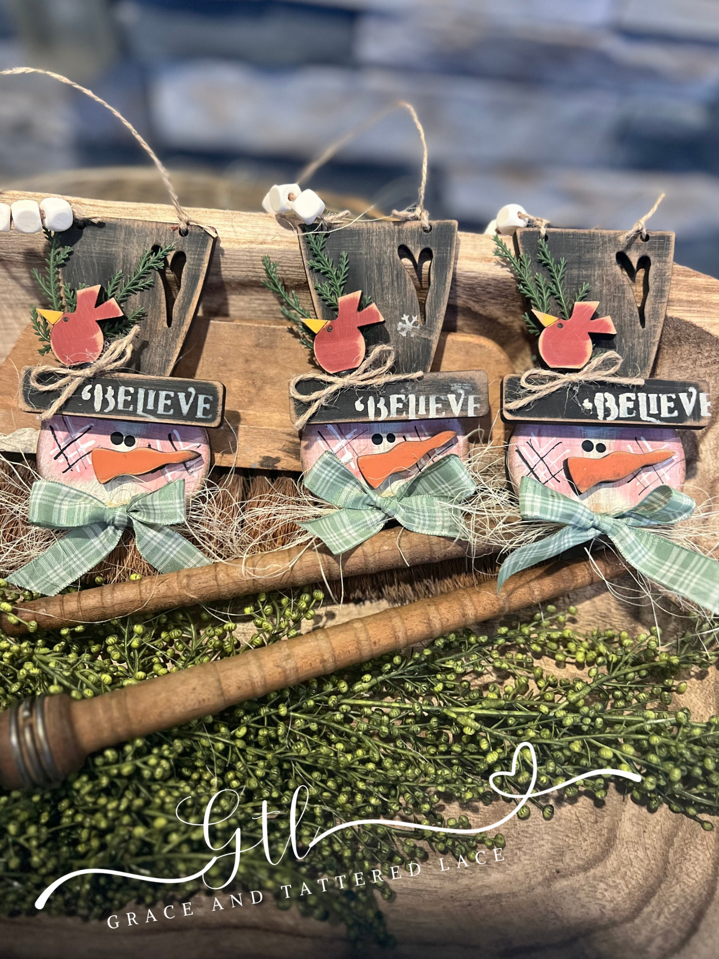 Rustic Snowman With Heart Cutout Hat Ornament Set (set of 3) #353