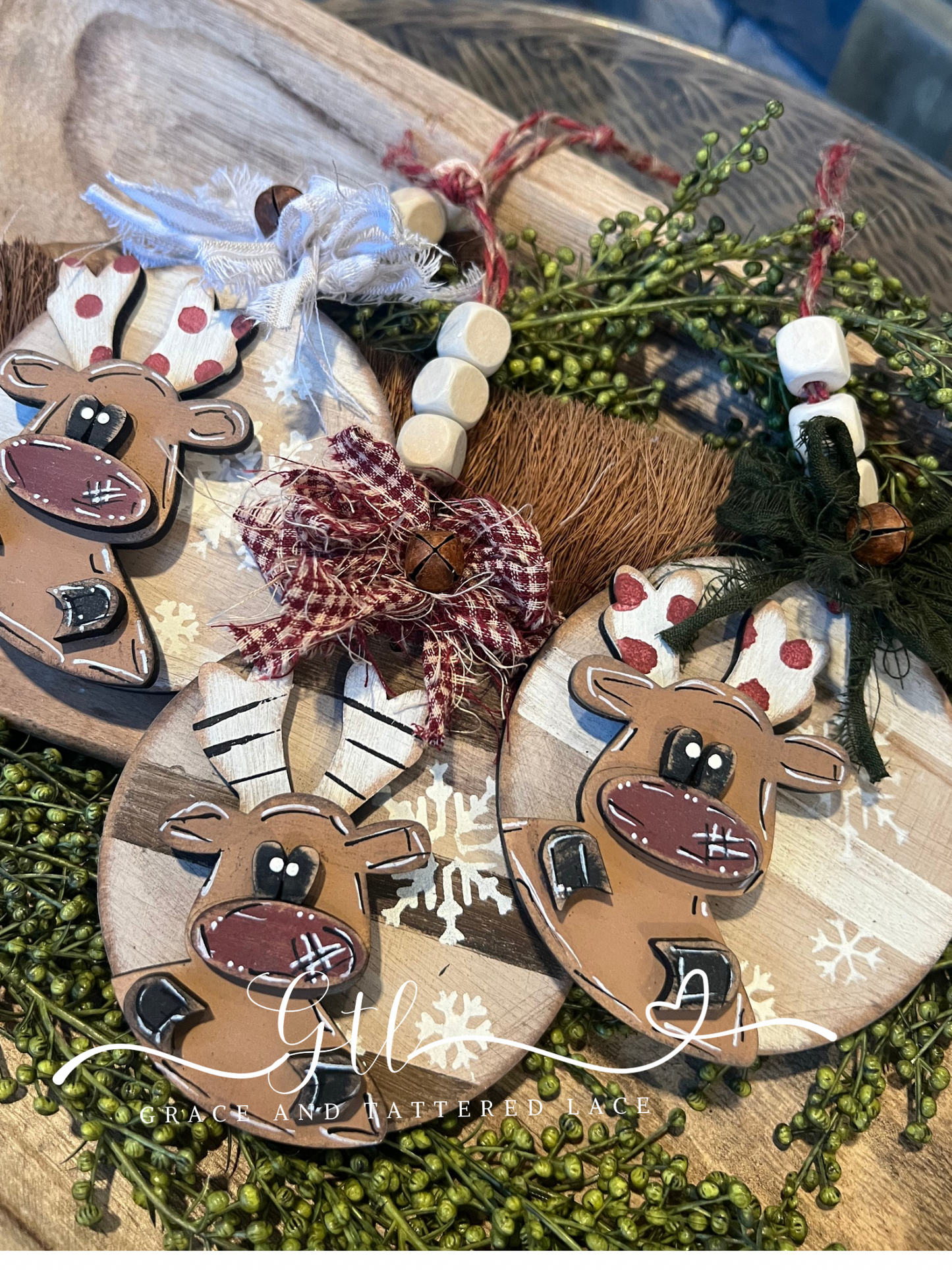 Rustic Wonky Reindeer Ornament Set (3 pc) #321