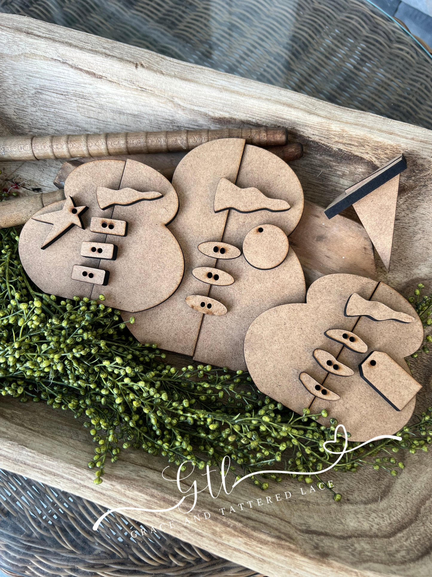 Rustic Faux Scrap Wood Snowman Trio Shelf Sitter #369