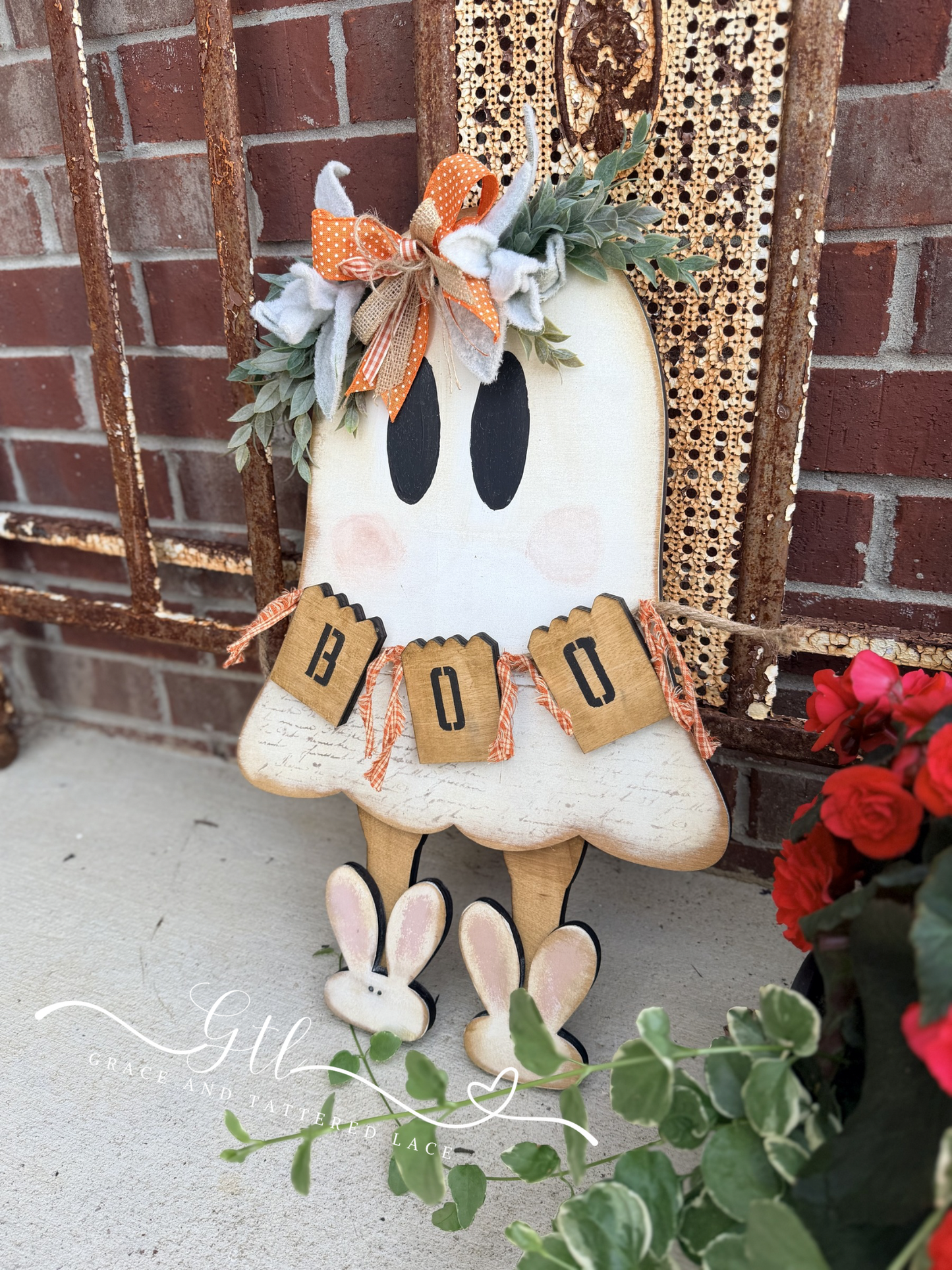 UNFINISHED DOOR HANGER DIY KIT- Wonky Whimsical Ghost Character with Bunny Slippers 640