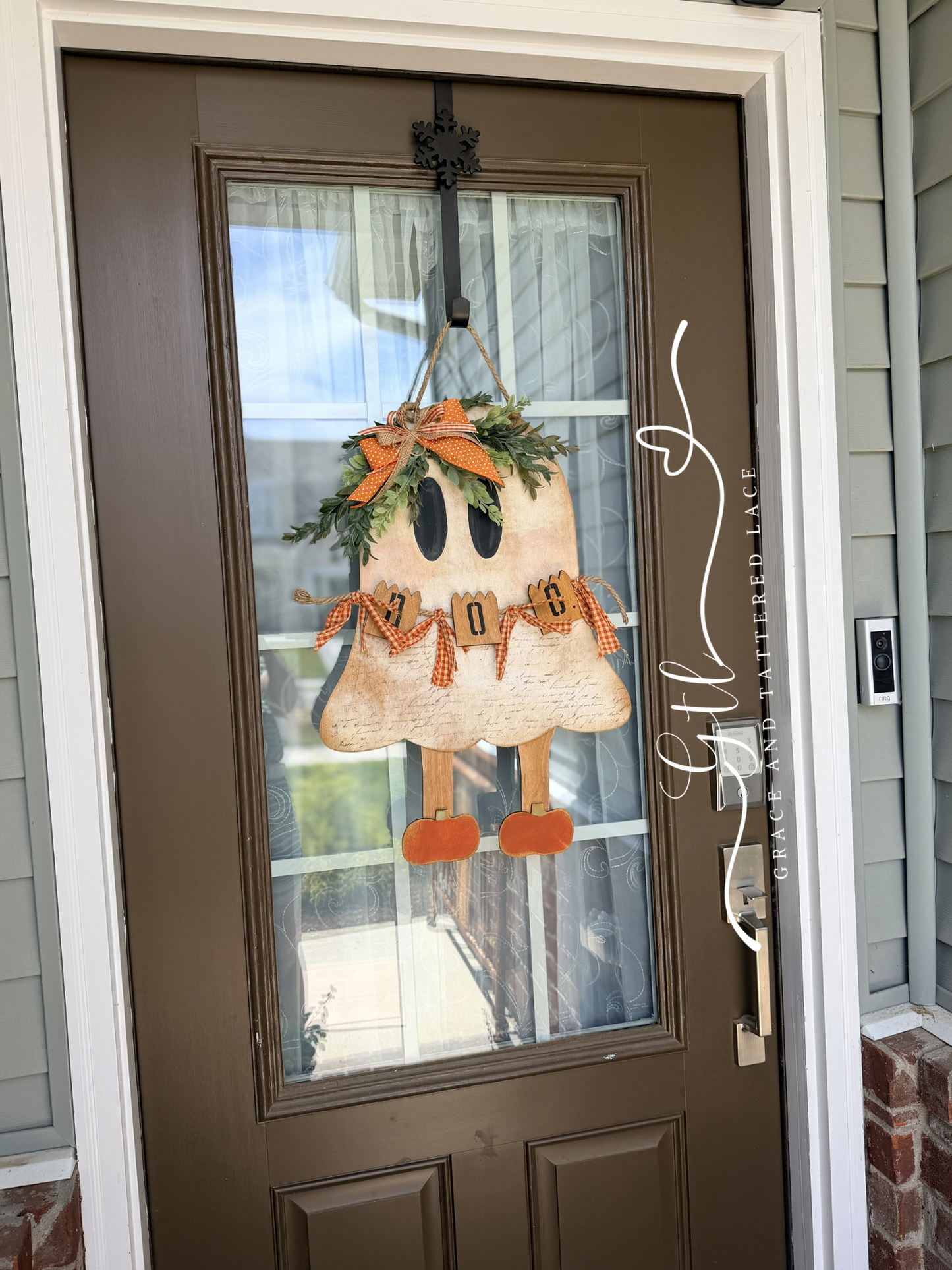 UNFINISHED DOOR HANGER DIY KIT- Wonky Whimsical Ghost Character with Pumpkin Slippers 641