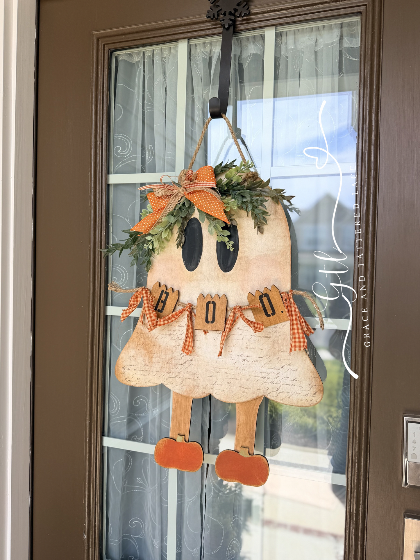 UNFINISHED DOOR HANGER DIY KIT- Wonky Whimsical Ghost Character with Pumpkin Slippers 641
