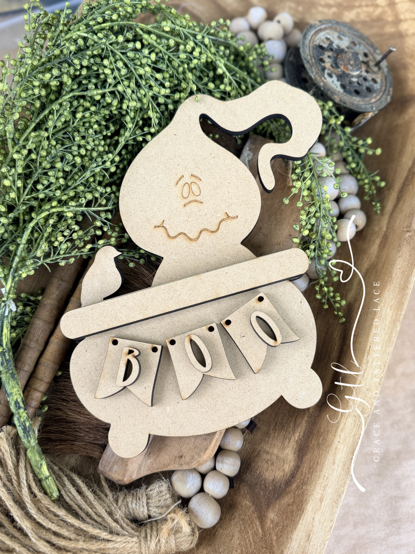 Wonky Whimsical Boo Ghost in Cauldron 657
