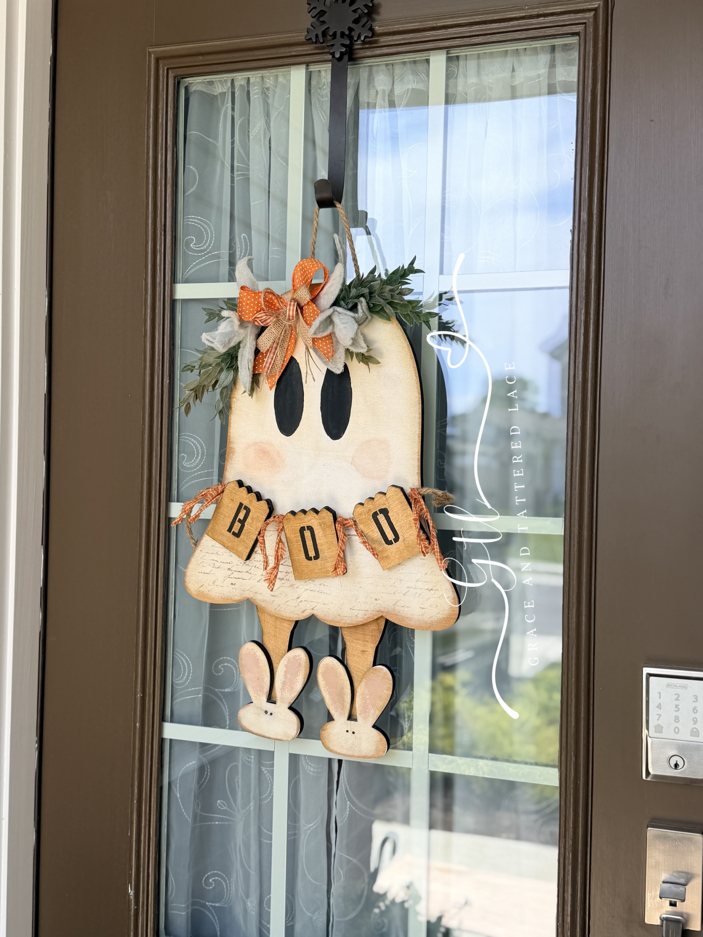 UNFINISHED DOOR HANGER DIY KIT- Wonky Whimsical Ghost Character with Bunny Slippers 640