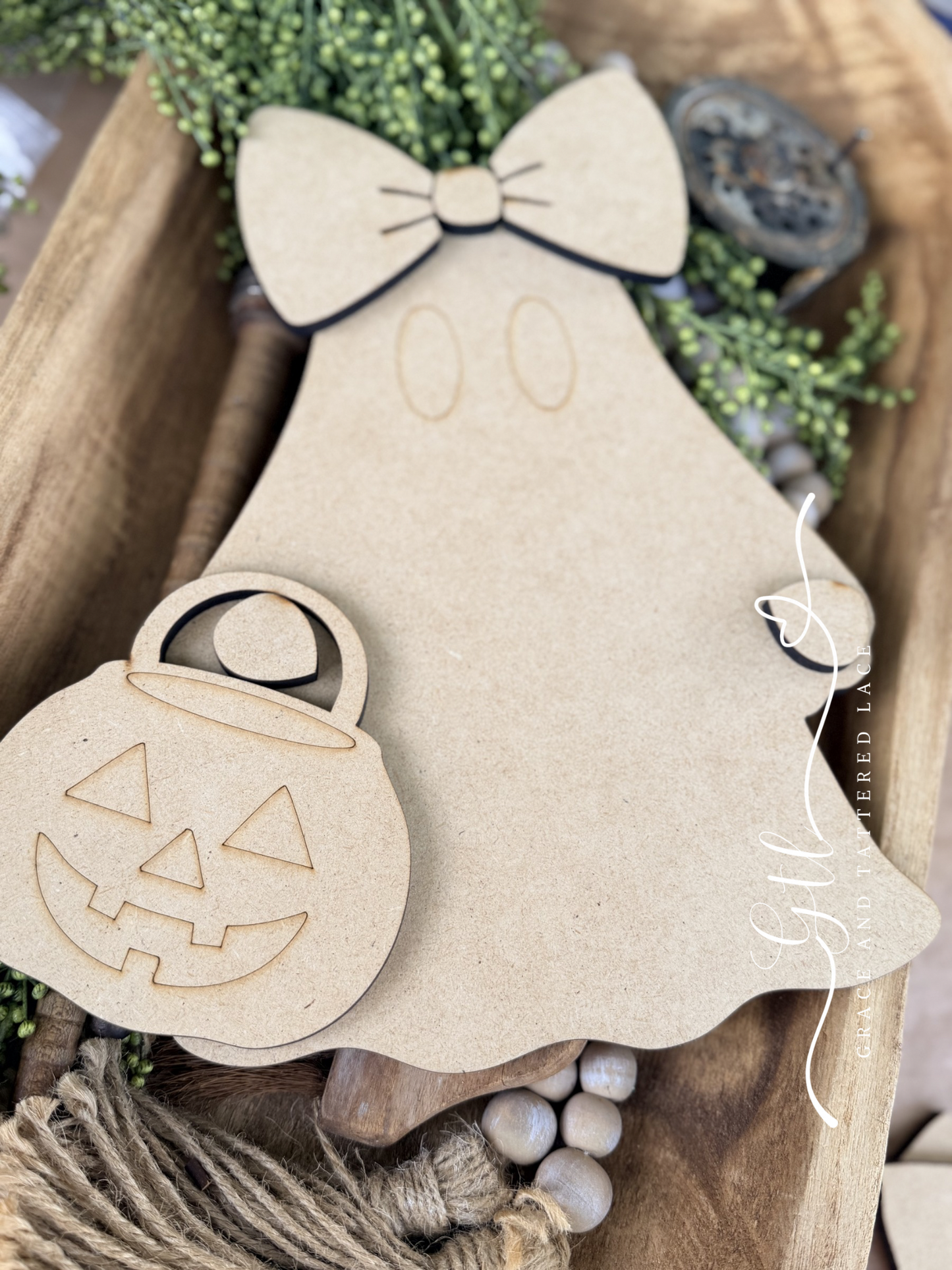 Wonky Whimsical Ghost with Pumpkin Pail and Boots 662