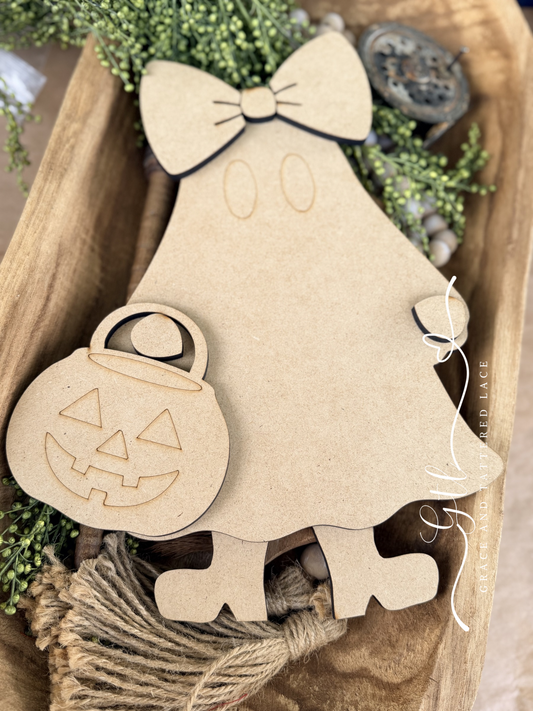 Wonky Whimsical Ghost with Pumpkin Pail and Boots 662
