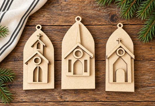 Three unfinished layered church ornament DIY wood kits #201 on rustic wood