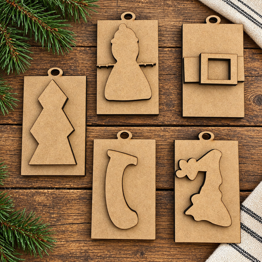 Complete unfinished five-piece Jumbled Ornament Kit 209 on a rustic wood board