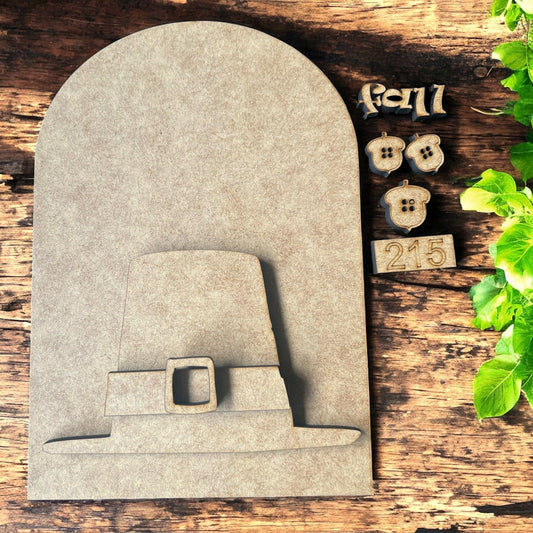 Unfinished MDF Pilgrim Hat #215 Double Layer Oval Frame INSERT ONLY kit pieces on a rustic wood table