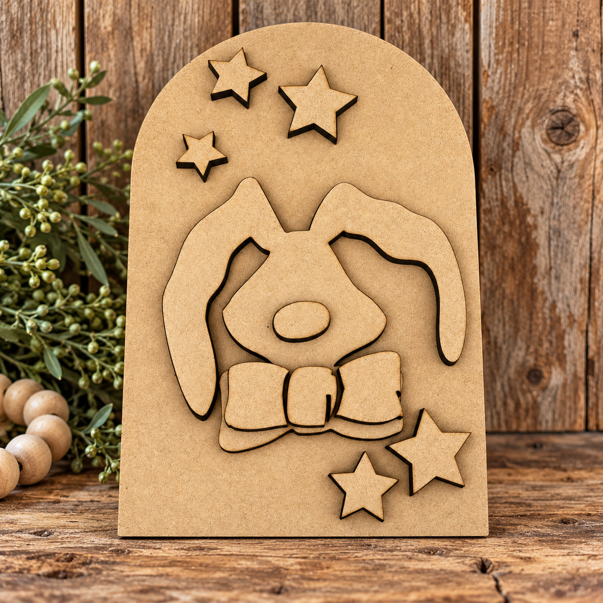 Unpainted Bow Tie Bunny #236- Double layer Oval Interchangeable -INSERT ONLY in rustic upright wooden setting