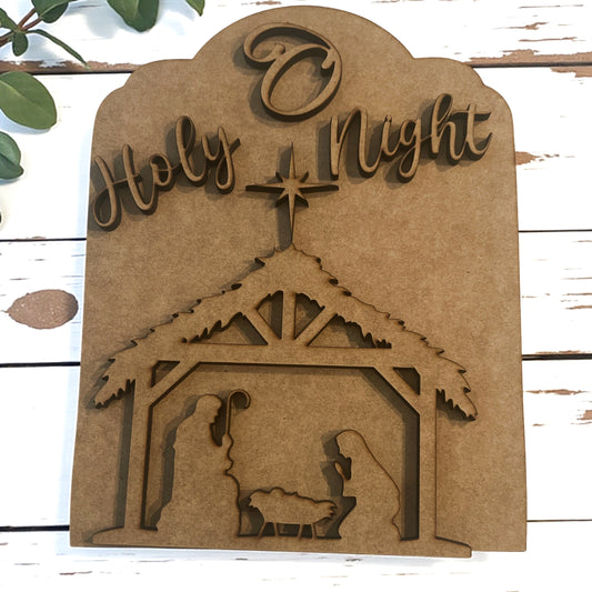 Unfinished MDF O’ Holy Night Nativity Set DIY Wood Kit #290 - raw wood pieces before painting