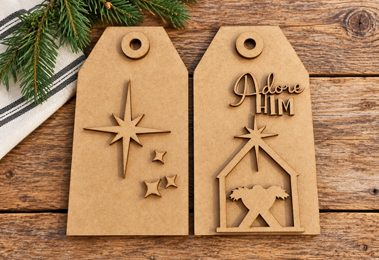 Two unfinished Adore Him Nativity DIY wood kit tags #291 on rustic wood