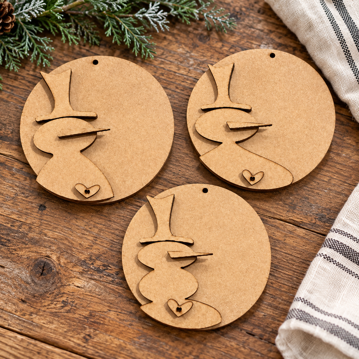 Unfinished MDF pieces for Rustic Round Snowman Ornament Set item 315